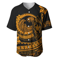 Baseball jersey with dark background and orange tribal wave graphic, short sleeves