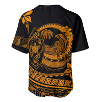 Back baseball jersey, dark with large orange wave, palm, and turtle print