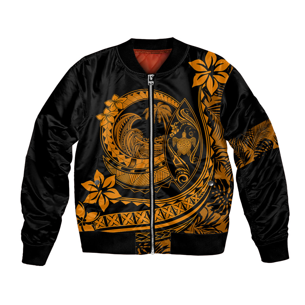 Unisex black bomber jacket with orange Polynesian zip-front graphic