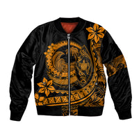 Unisex black bomber jacket with orange Polynesian zip-front graphic