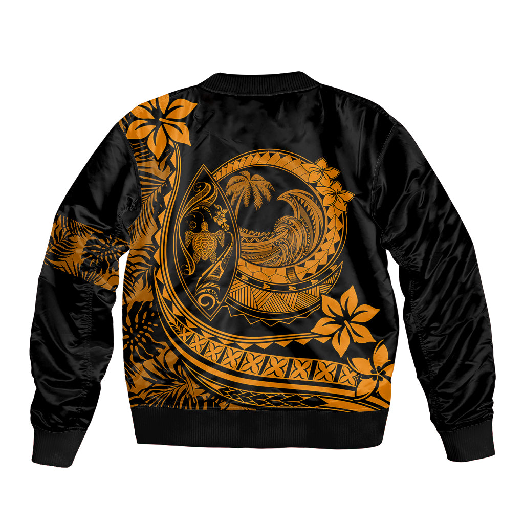 Unisex black bomber jacket with orange Polynesian back graphic and ribbed cuffs