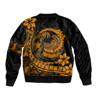 Unisex black bomber jacket with orange Polynesian back graphic and ribbed cuffs