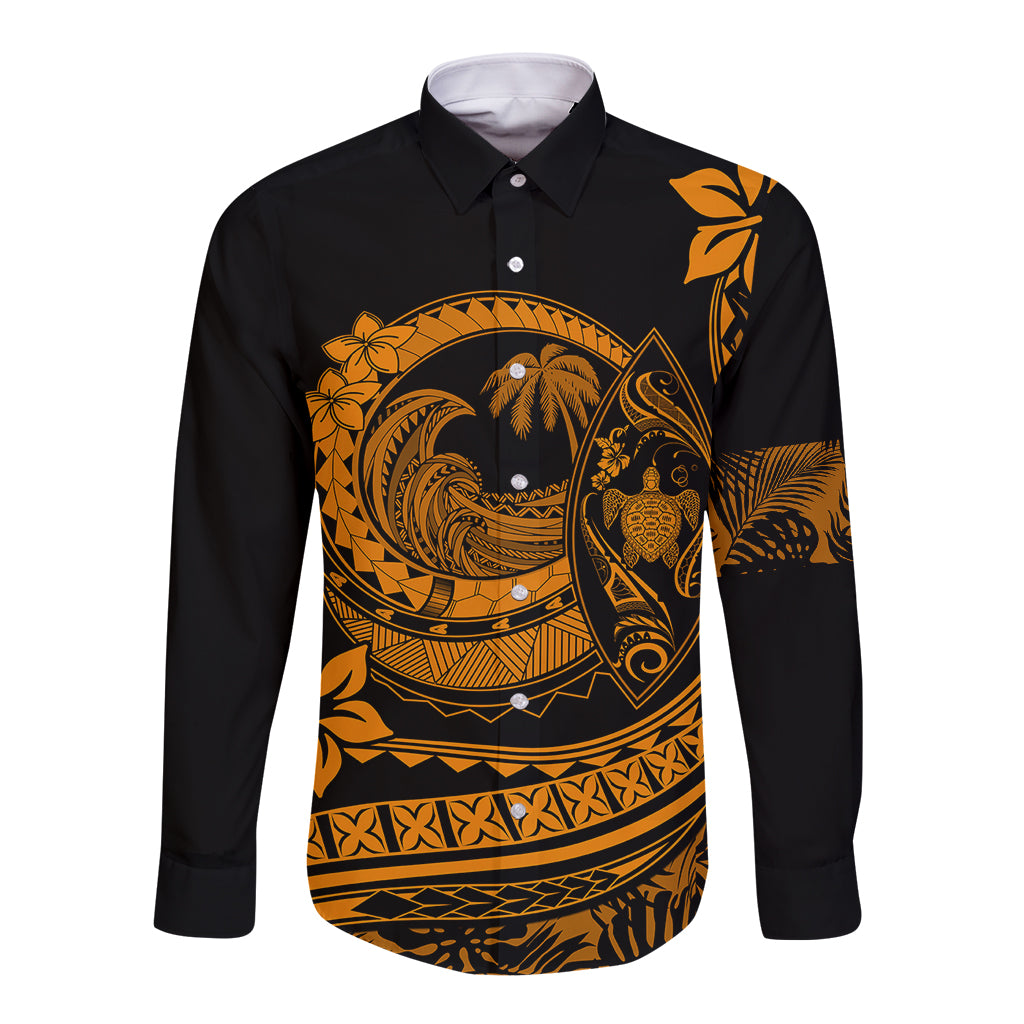 Long-sleeve button shirt, black with orange floral wave graphic, button placket and collar