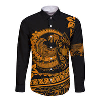 Long-sleeve button shirt, black with orange floral wave graphic, button placket and collar