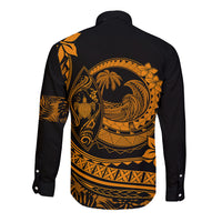 Long-sleeve button shirt, black with orange back wave and turtle graphic, button cuffs