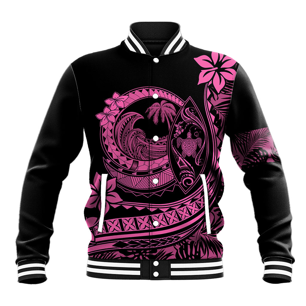 Unisex black baseball jacket with pink floral and wave graphic, snap button front