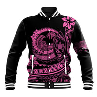 Unisex black baseball jacket with pink floral and wave graphic, snap button front