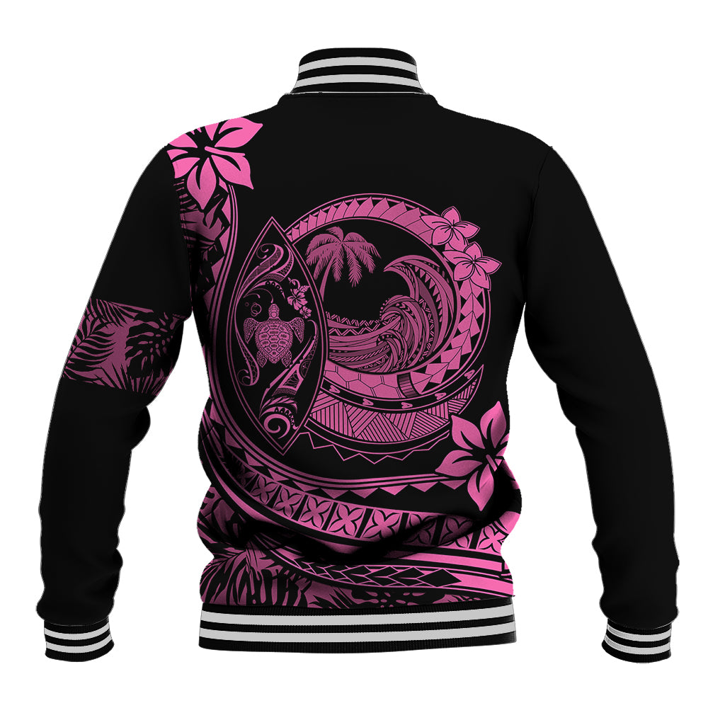 Unisex black baseball jacket with pink plumeria wave print on back, striped ribbed collar