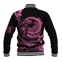 Unisex black baseball jacket with pink plumeria wave print on back, striped ribbed collar