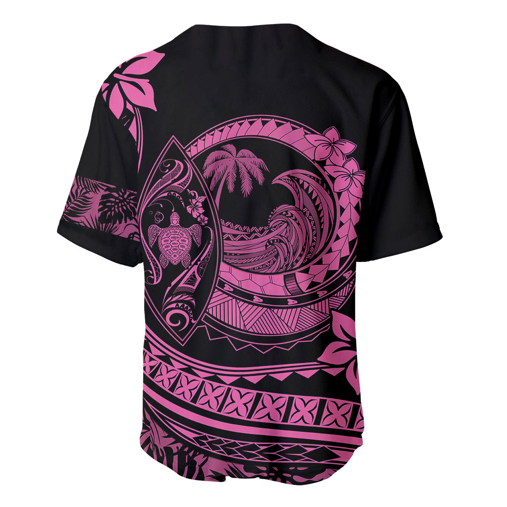 Black baseball jersey back with pink Polynesian surf and palm print, curved hem