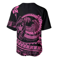 Black baseball jersey back with pink Polynesian surf and palm print, curved hem