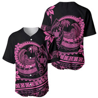 Black baseball jersey front and back set with pink Polynesian surf graphic, V-neck