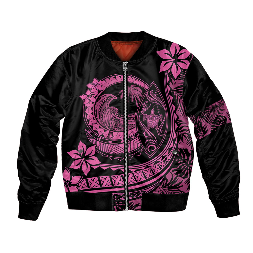 Black bomber jacket with pink Polynesian plumeria graphic and zip front