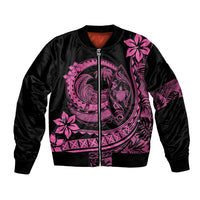 Black bomber jacket with pink Polynesian plumeria graphic and zip front