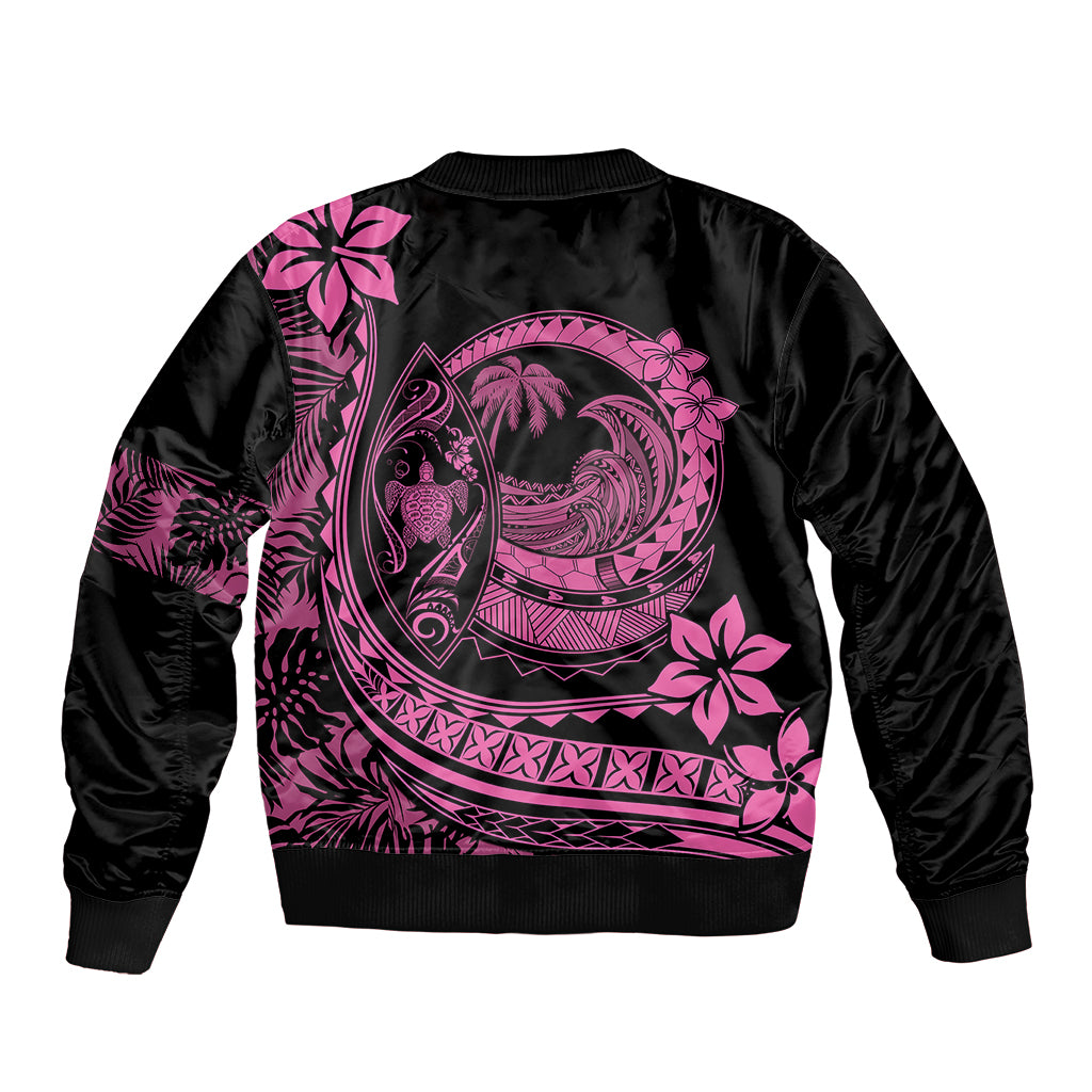 Black bomber jacket with pink Polynesian plumeria graphic on back