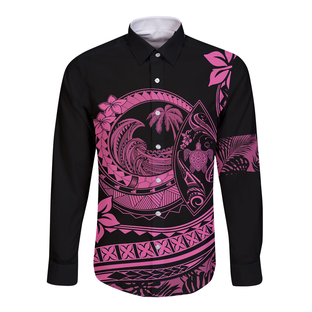 Black long-sleeve button-up shirt with pink Polynesian wave and plumeria print
