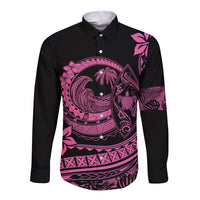 Black long-sleeve button-up shirt with pink Polynesian wave and plumeria print