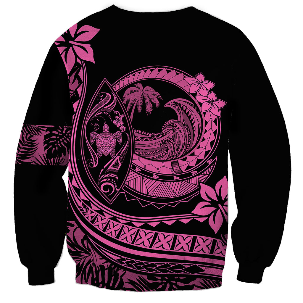 Unisex crewneck sweatshirt with pink Polynesian wave and surf graphic, long sleeves