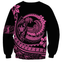 Unisex crewneck sweatshirt with pink Polynesian wave and surf graphic, long sleeves
