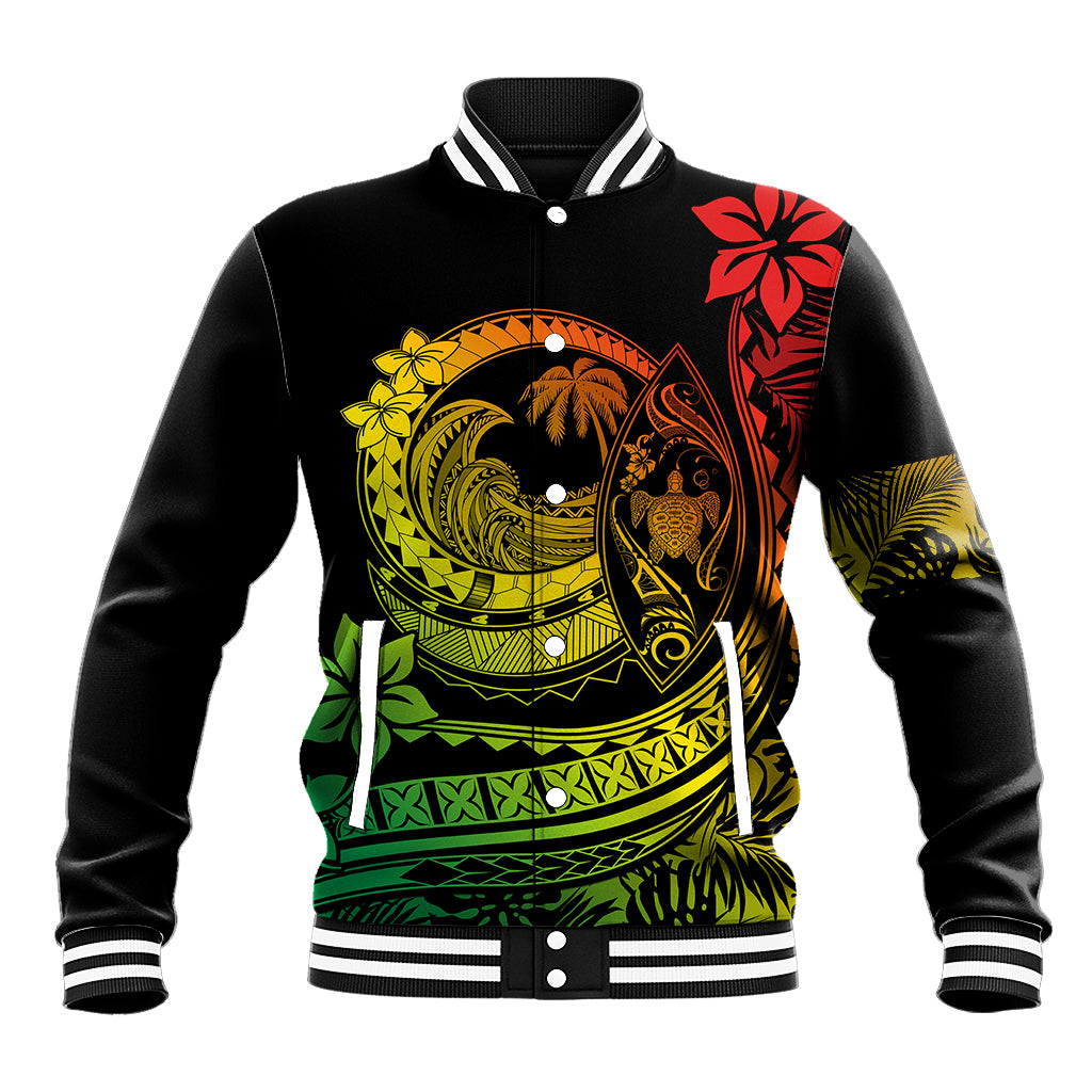 Unisex black baseball jacket with striped collar and colorful Polynesian wave graphic