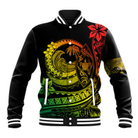 Unisex black baseball jacket with striped collar and colorful Polynesian wave graphic