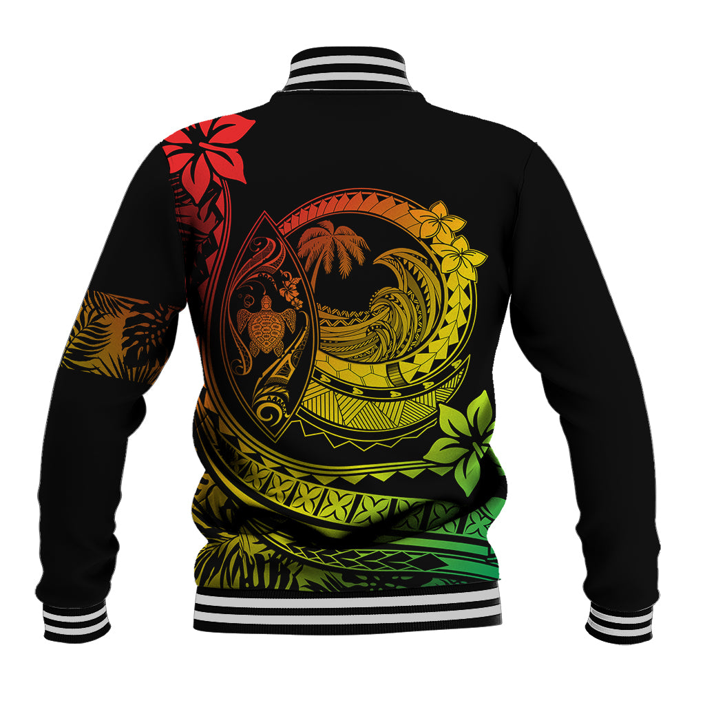 Unisex black baseball jacket with striped ribbed hem and large back Polynesian wave print