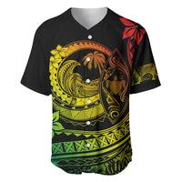 Baseball jersey with V-neck and button placket, black tropical wave print in yellow, green, red.
