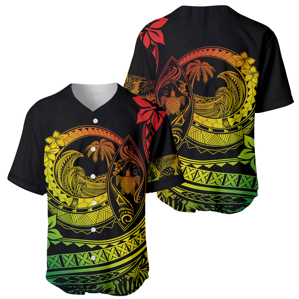 Baseball jersey front and back shown, black tropical wave print in yellow, green, and red.