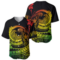 Baseball jersey front and back shown, black tropical wave print in yellow, green, and red.