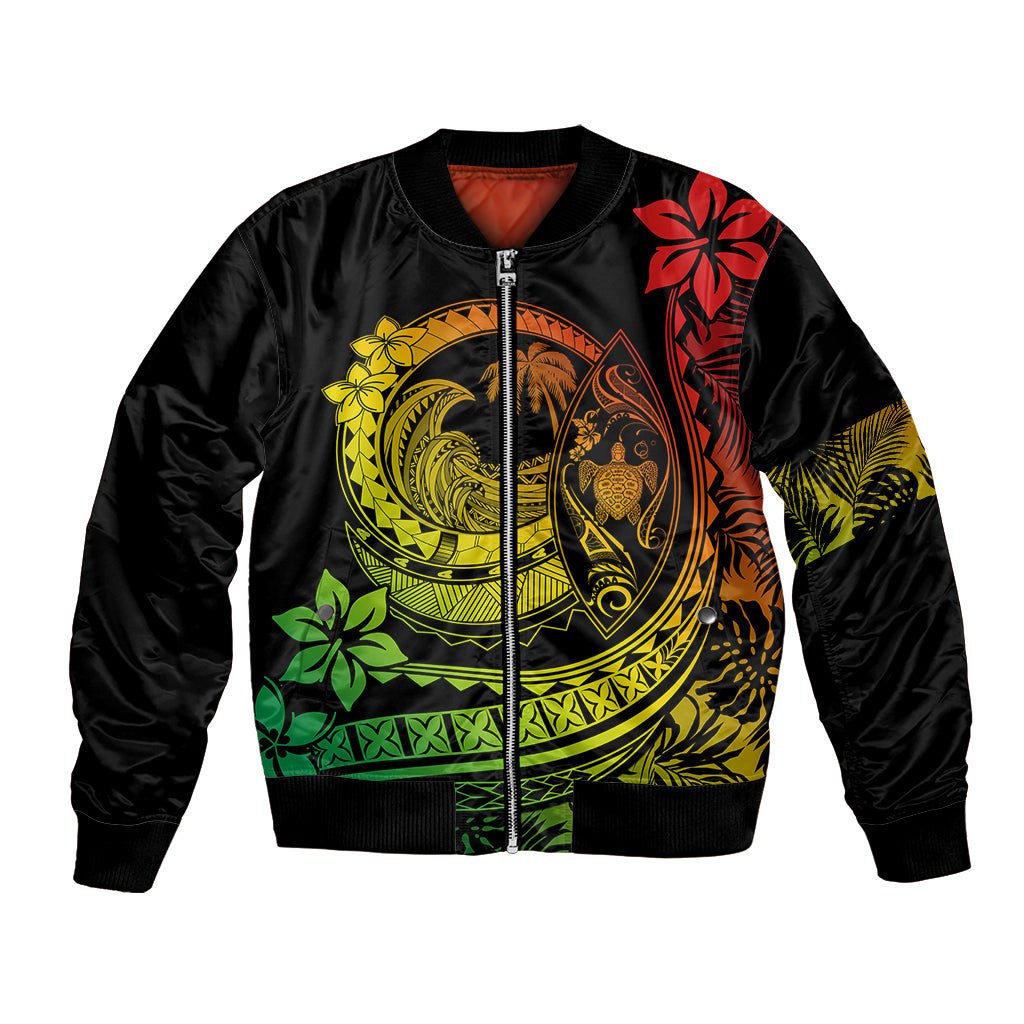 Unisex black satin bomber jacket with colorful Polynesian wave and flower front graphic