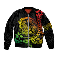 Unisex black satin bomber jacket with colorful Polynesian wave and flower front graphic