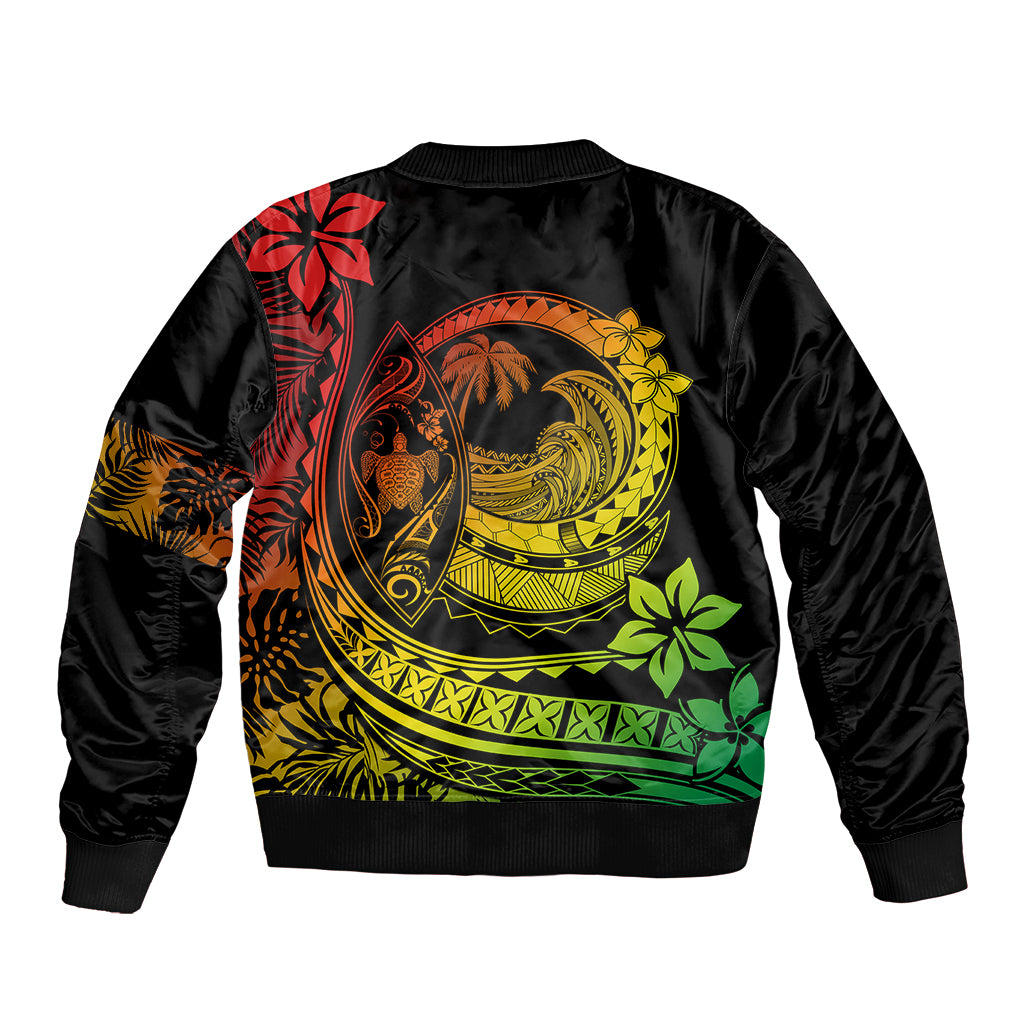 Unisex black satin bomber jacket with colorful back wave and plumeria floral design