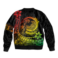 Unisex black satin bomber jacket with colorful back wave and plumeria floral design