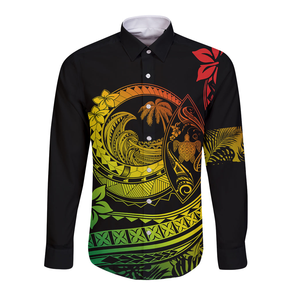 Black long-sleeve button shirt with yellow-green Polynesian wave and floral print