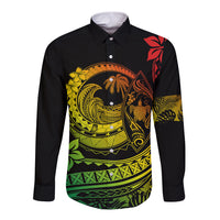 Black long-sleeve button shirt with yellow-green Polynesian wave and floral print