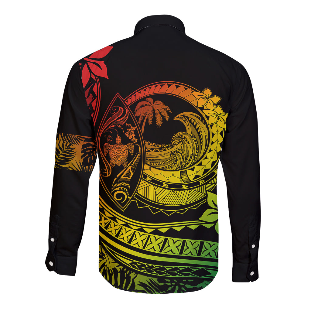 Black long-sleeve button shirt, back with yellow-green wave, palm and floral graphic