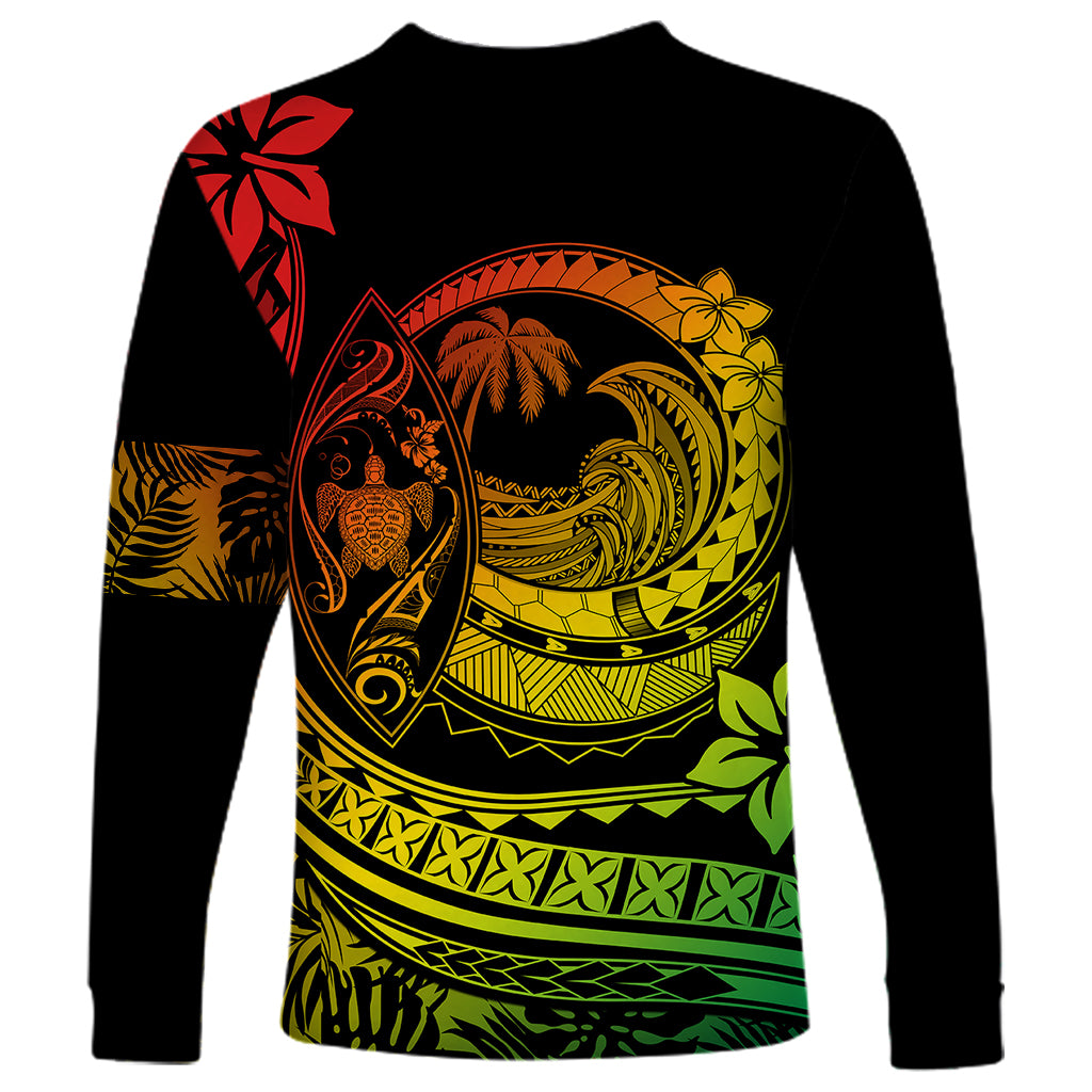 Unisex black long-sleeve shirt with tropical Polynesian wave/turtle print and red sleeve hibiscus