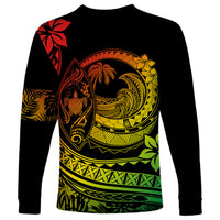 Unisex black long-sleeve shirt with tropical Polynesian wave/turtle print and red sleeve hibiscus
