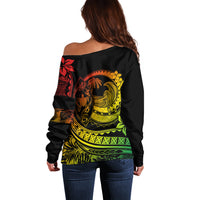 Off-shoulder sweater, black with back reggae surf graphic and tropical leaves, long sleeve