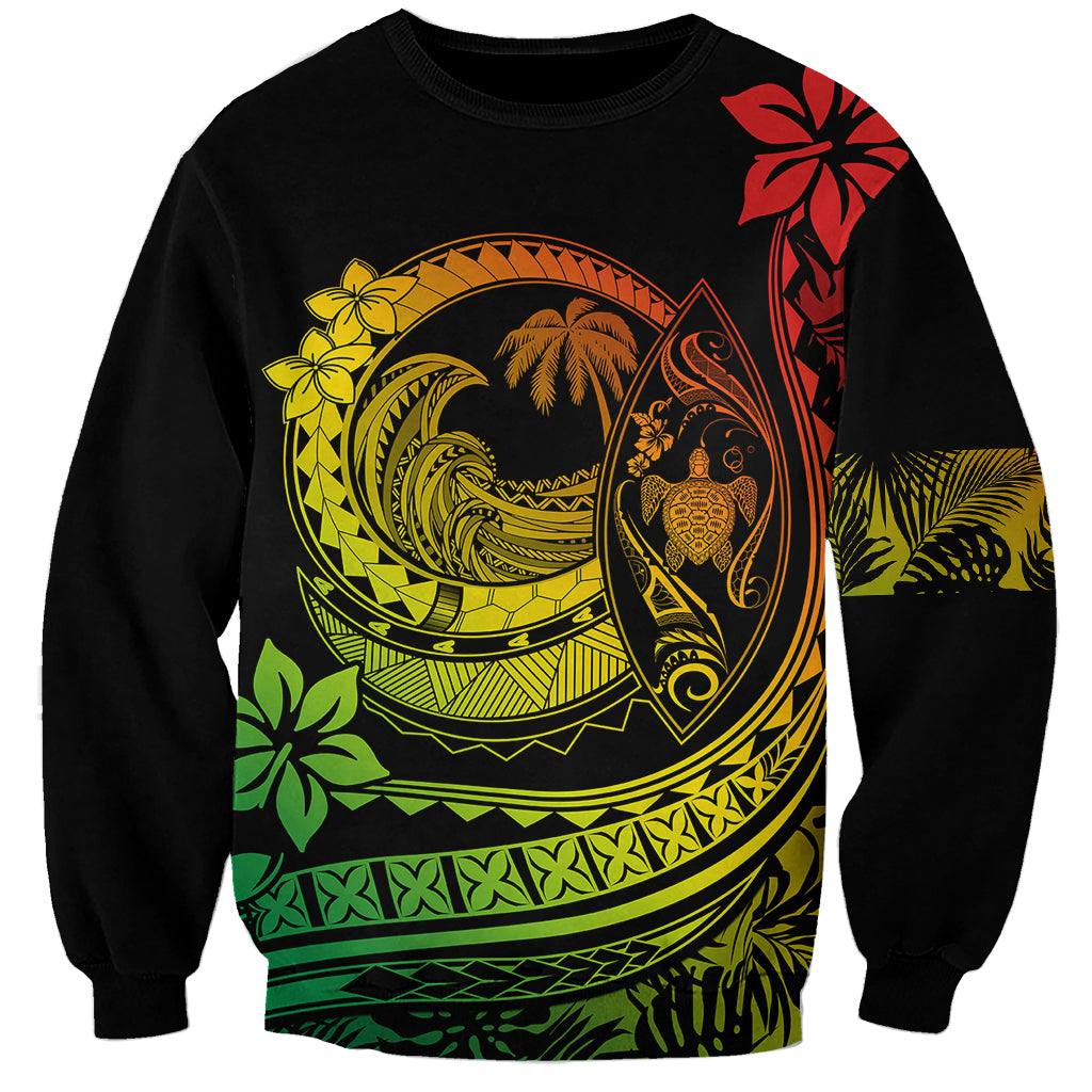 Unisex black sweatshirt with large tropical wave turtle graphic and red plumeria