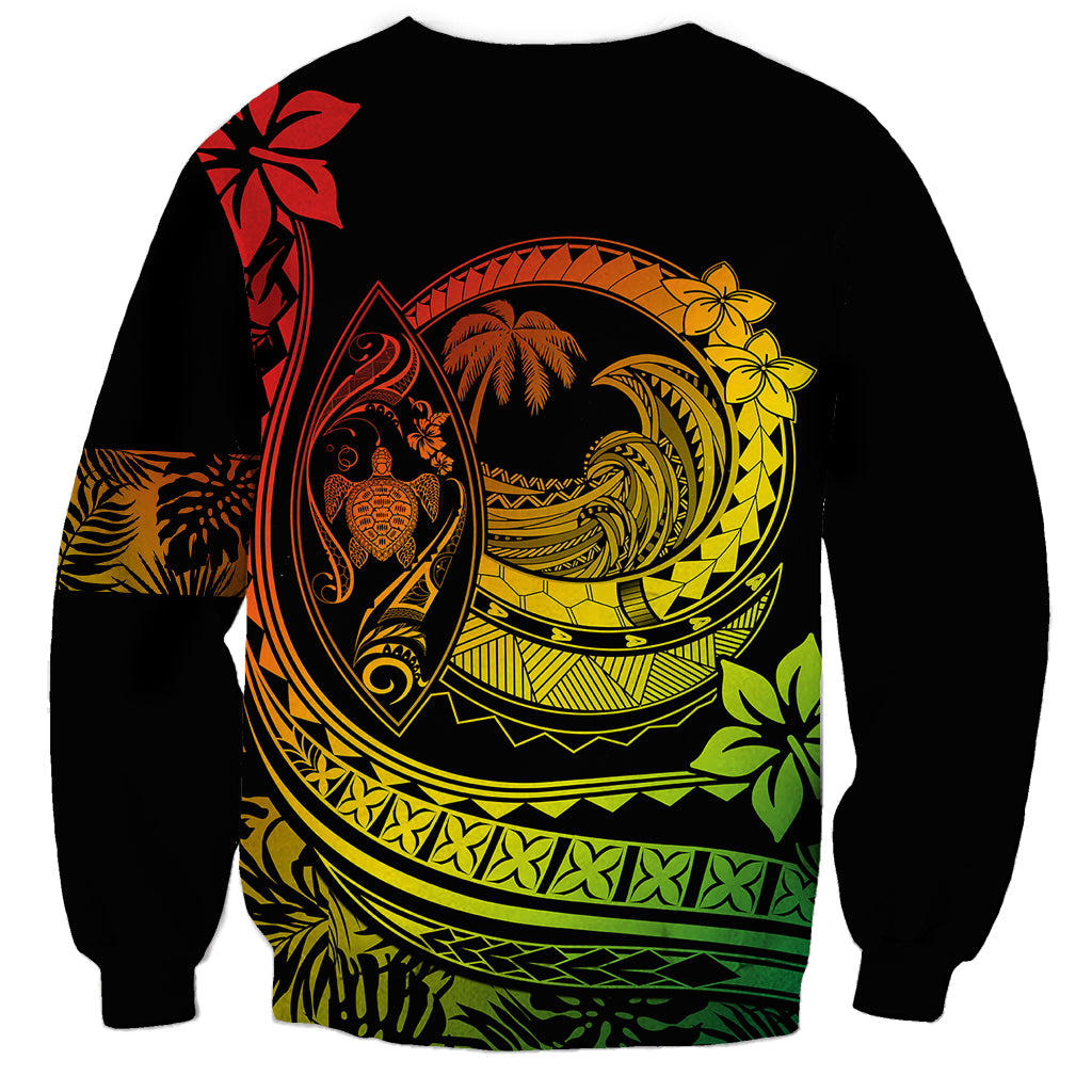 Unisex black sweatshirt featuring centered tropical wave turtle and red shoulder plumeria