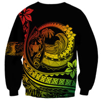 Unisex black sweatshirt featuring centered tropical wave turtle and red shoulder plumeria