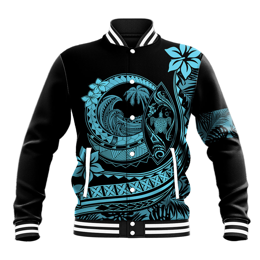 Unisex black baseball jacket with turquoise tropical print, snap front and striped ribbed trim