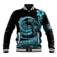 Unisex black baseball jacket with turquoise tropical print, snap front and striped ribbed trim