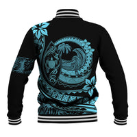 Unisex black baseball jacket, back view with turquoise ocean & palm graphic, striped ribbing