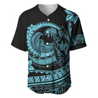 Black baseball jersey with turquoise V-neck and tropical wave plumeria graphics