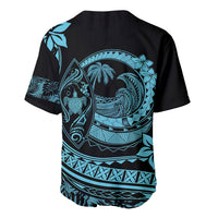 Black back view baseball jersey with large turquoise tropical wave and plumeria graphic