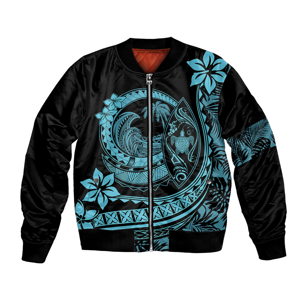 Unisex bomber jacket with turquoise Polynesian wave and plumeria graphic, black zip front