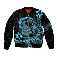 Unisex bomber jacket with turquoise Polynesian wave and plumeria graphic, black zip front