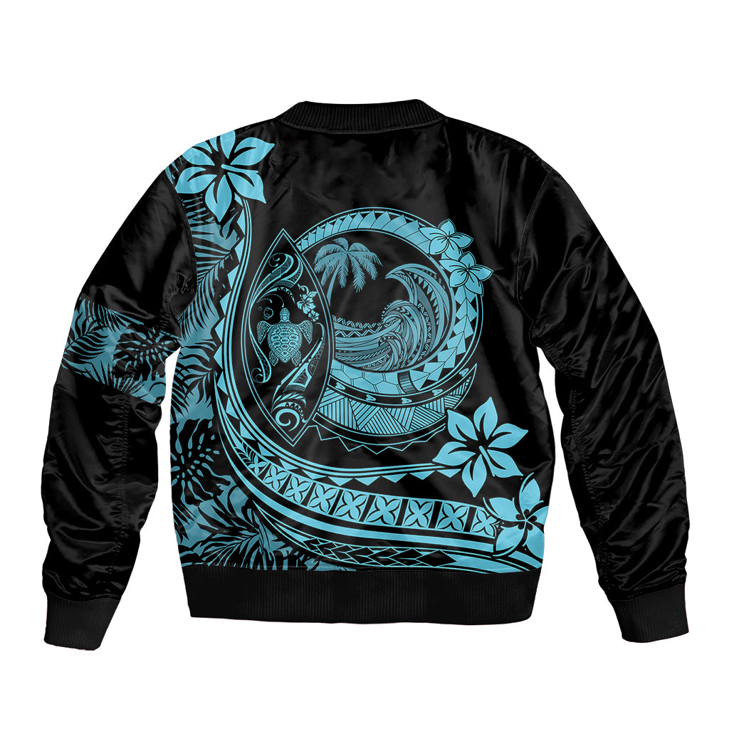 Unisex bomber jacket, black with turquoise back wave and plumeria graphic, ribbed hem